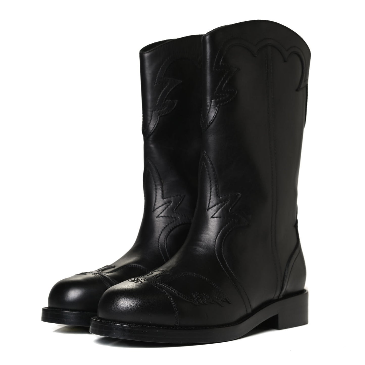 Calfskin Embroidered Western Boots 35 Black