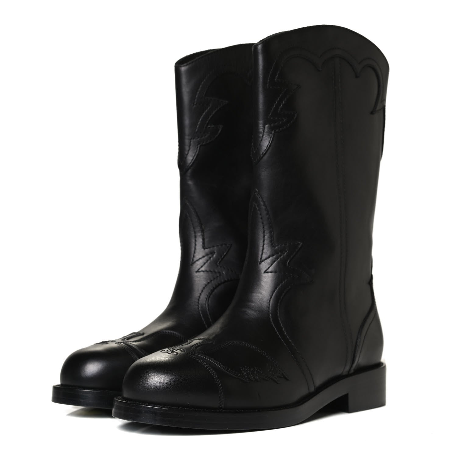 Chanel Calfskin Embroidered Western Boots 35 Black 3 of 11