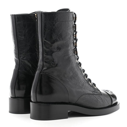 Chanel Crumpled Lambskin Shiny Calfskin Lace Up Combat Boots 35.5 Black 4 of 10