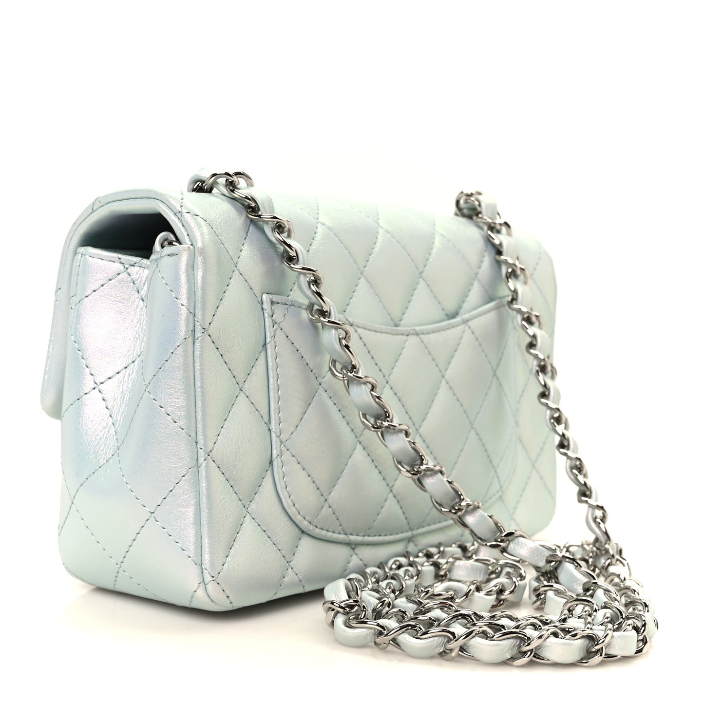 Iridescent Calfskin Quilted Mini Rectangular Flap Light Blue