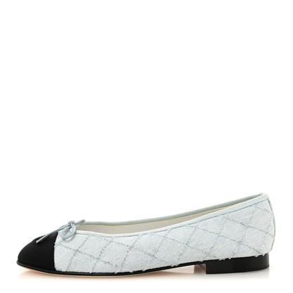 Chanel Denim Embroidered Grosgrain CC Cap Toe Ballerina Flats 37.5 Light Blue Black 1 of 9