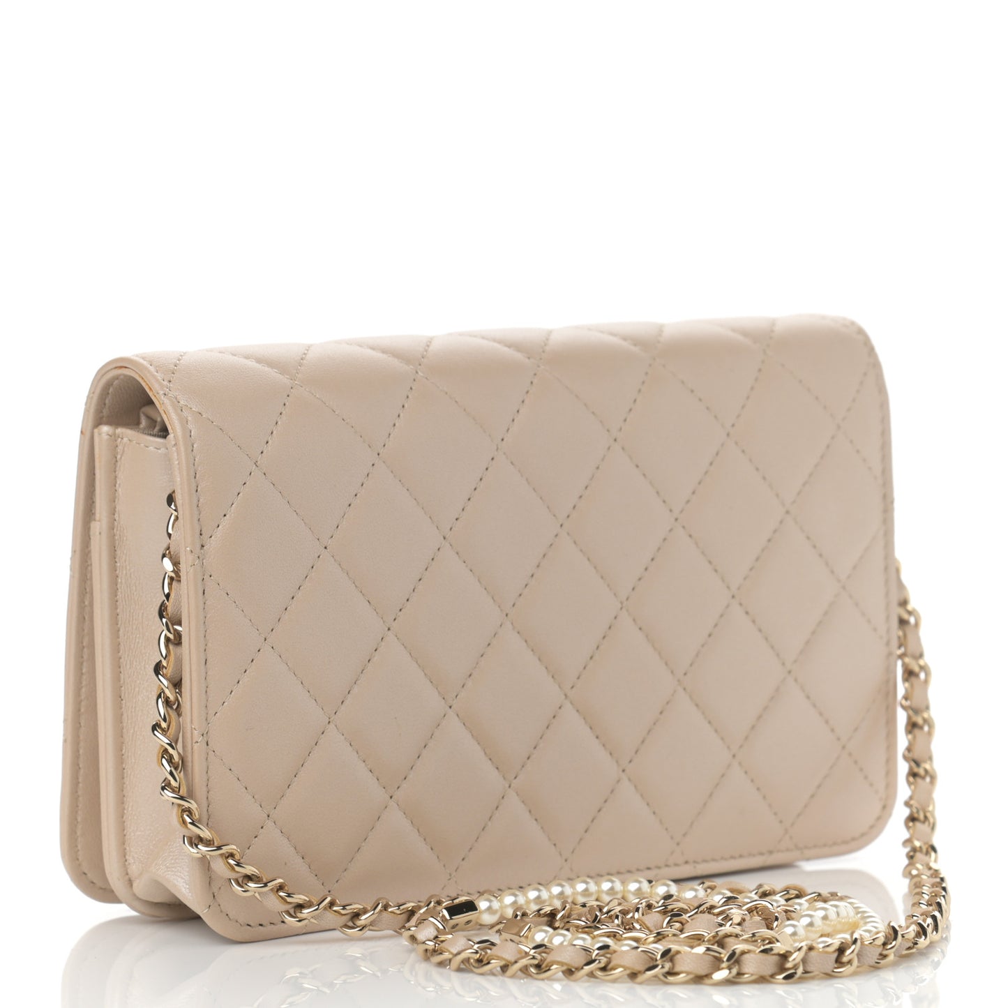 Iridescent Lambskin Quilted Pearl Wallet On Chain WOC Light Beige
