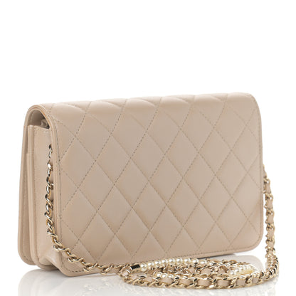 Chanel Iridescent Lambskin Quilted Pearl Wallet On Chain WOC Light Beige 2 of 12