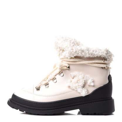 Chanel Calfskin Shearling CC Lace Up Boots 38.5 Light Beige Ivory 1 of 12