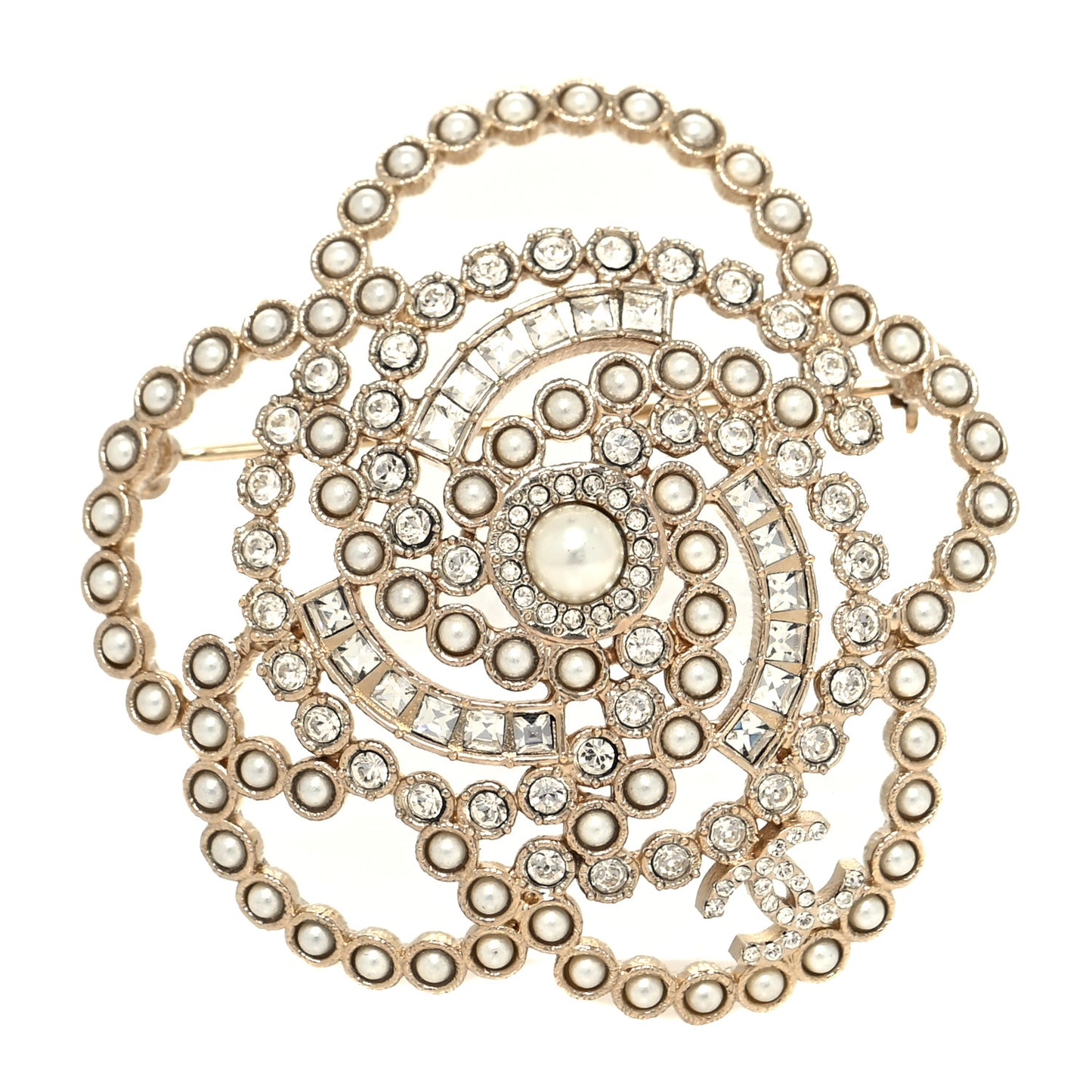 Pearl Crystal Lace Camellia Brooch Gold