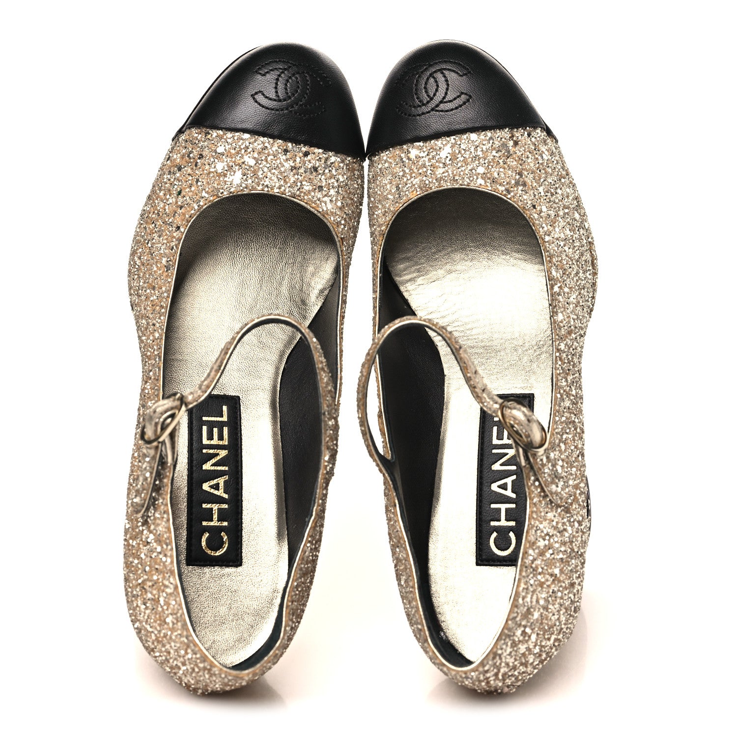 Chanel Glitter Lambskin Cap Toe CC Mary Jane Pumps 37 Light Gold Black 2 of 9