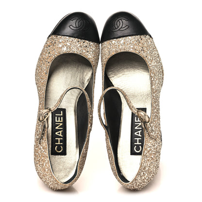 Chanel Glitter Lambskin Cap Toe CC Mary Jane Pumps 37 Light Gold Black 2 of 9
