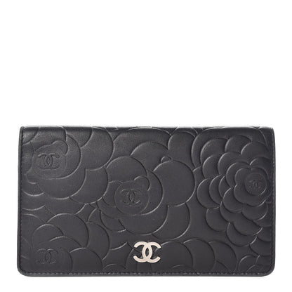 Chanel Lambskin Camellia Embossed Yen Wallet Black 1 of 15