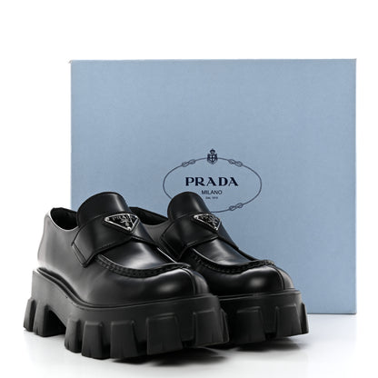 Prada Spazzolato Rois Metal Triangle Logo Monolith 55mm Loafers 39 Black 13 of 13