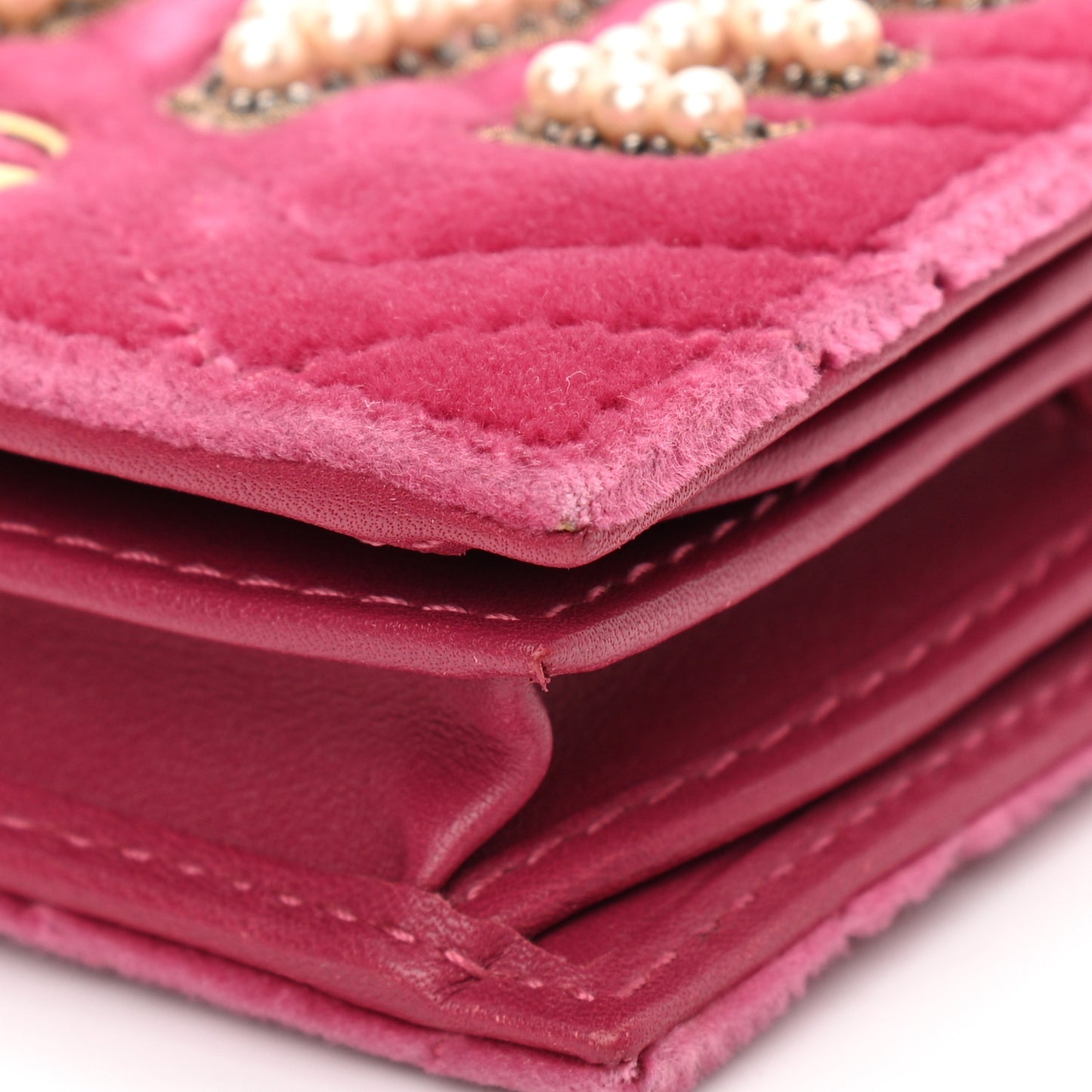 Velvet Matelasse Pearl Love Embroidered GG Marmont Card Case Wallet Light Raspberry Rose