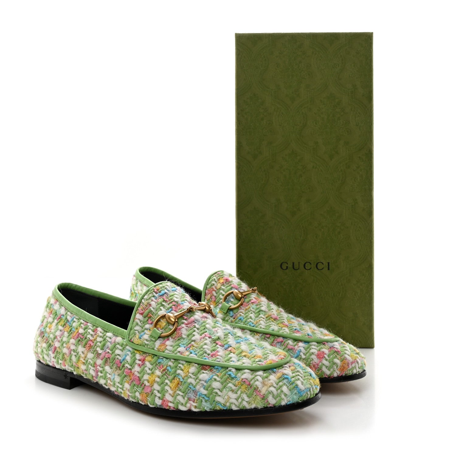 Gucci Tweed Multicolor Malaga Kid Horsebit Womens Jordaan Loafers 40 Green Multicolor 9 of 9