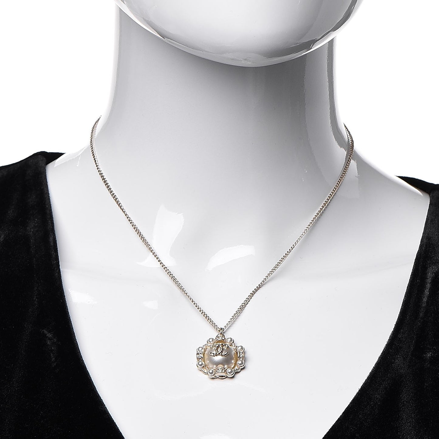 Crystal Pearl CC Medallion Necklace Light Gold