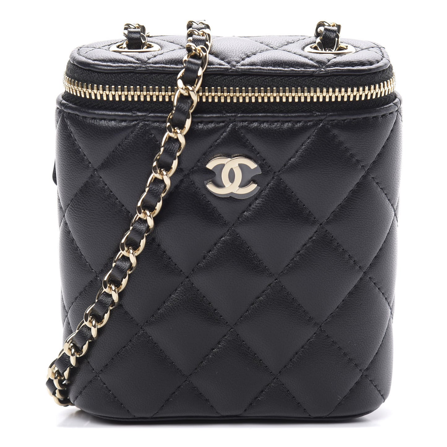 Lambskin Quilted Small Vertical Coco Beauty Vanity Case With Chain Black