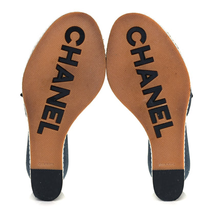 Chanel Canvas Camellia Wedge Sandals 38.5 Navy 5 of 10
