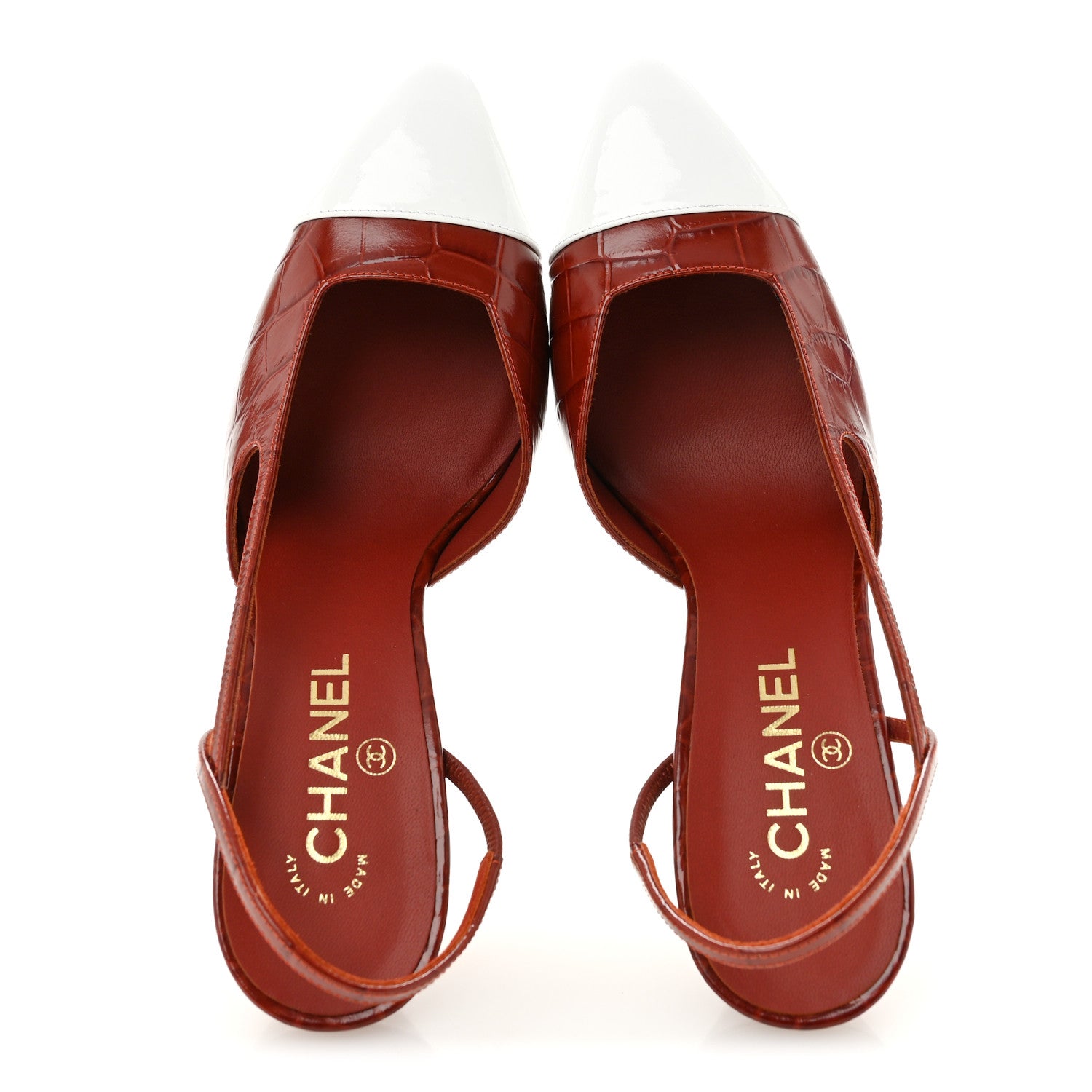 Chanel Calfskin Crocodile Embossed Patent Cap Toe Slingback Pumps 40 Dark Red White 2 of 10