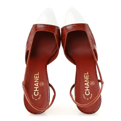 Chanel Calfskin Crocodile Embossed Patent Cap Toe Slingback Pumps 40 Dark Red White 2 of 10