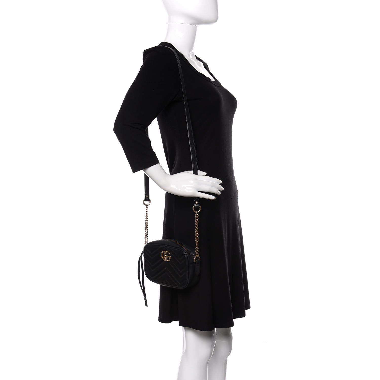 Gucci Calfskin Matelasse Mini GG Marmont Chain Shoulder Bag Black 2 of 12