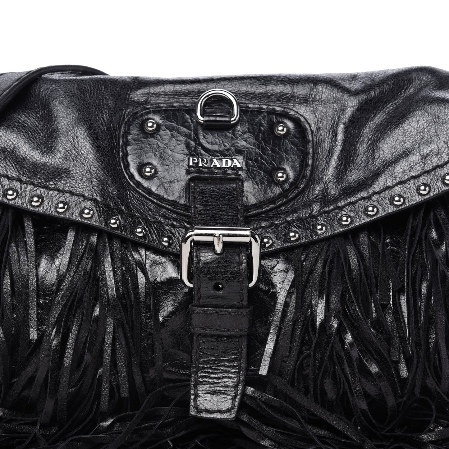 Vitello Shine Fringe Studded Flap Hobo Black