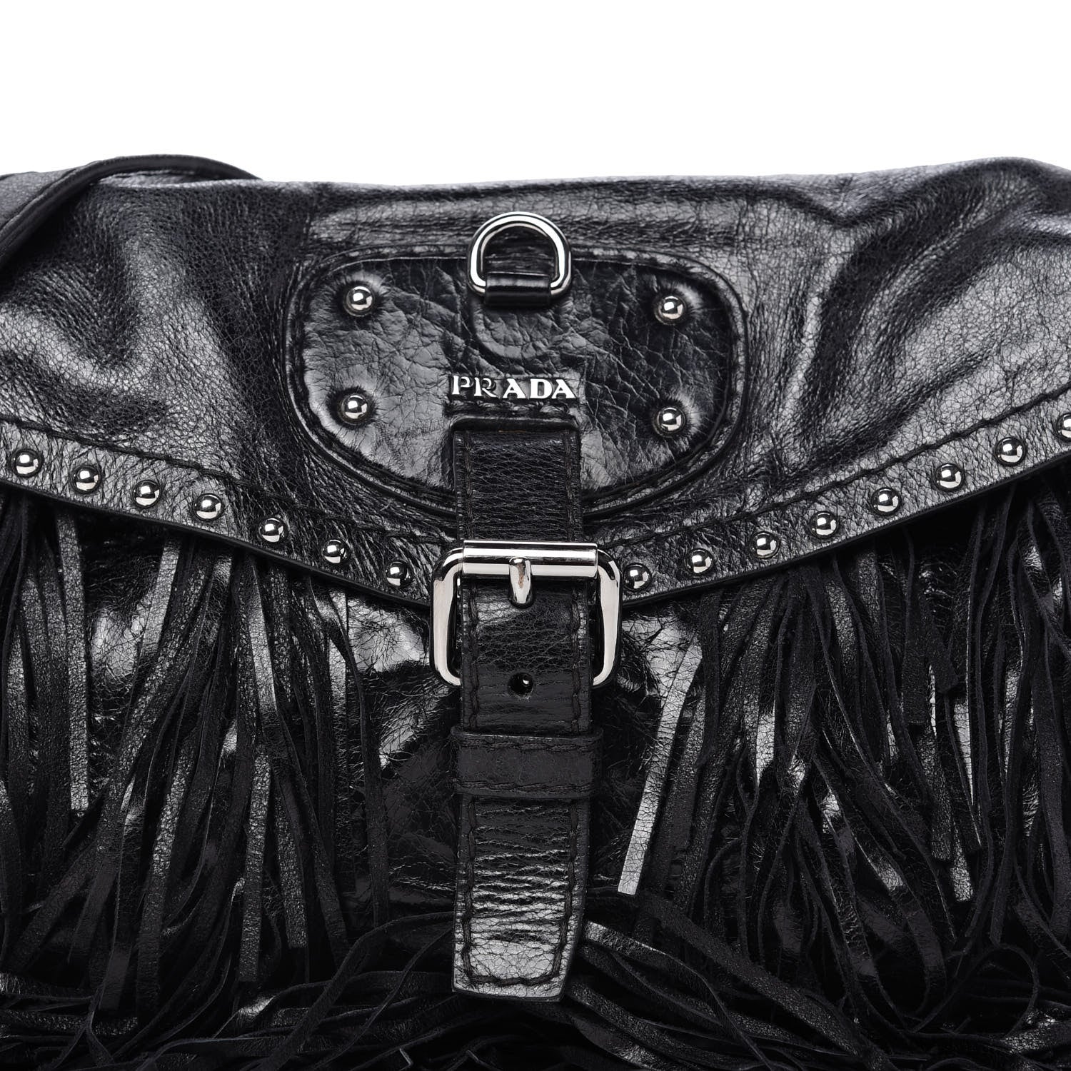 Prada Vitello Shine Fringe Studded Flap Hobo Black 10 of 10