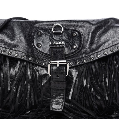 Prada Vitello Shine Fringe Studded Flap Hobo Black 10 of 10