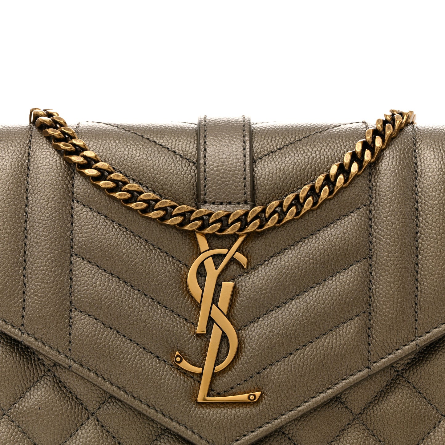 Metallic Grain De Poudre Mixed Matelasse Triquilt Monogram Chain Wallet Piombo