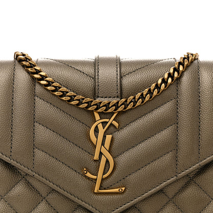 Saint Laurent Metallic Grain De Poudre Mixed Matelasse Triquilt Monogram Chain Wallet Piombo 8 of 16
