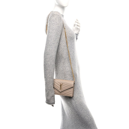 Saint Laurent Grain De Poudre Matelasse Chevron Monogram Envelope Chain Wallet Dark Beige 3 of 19