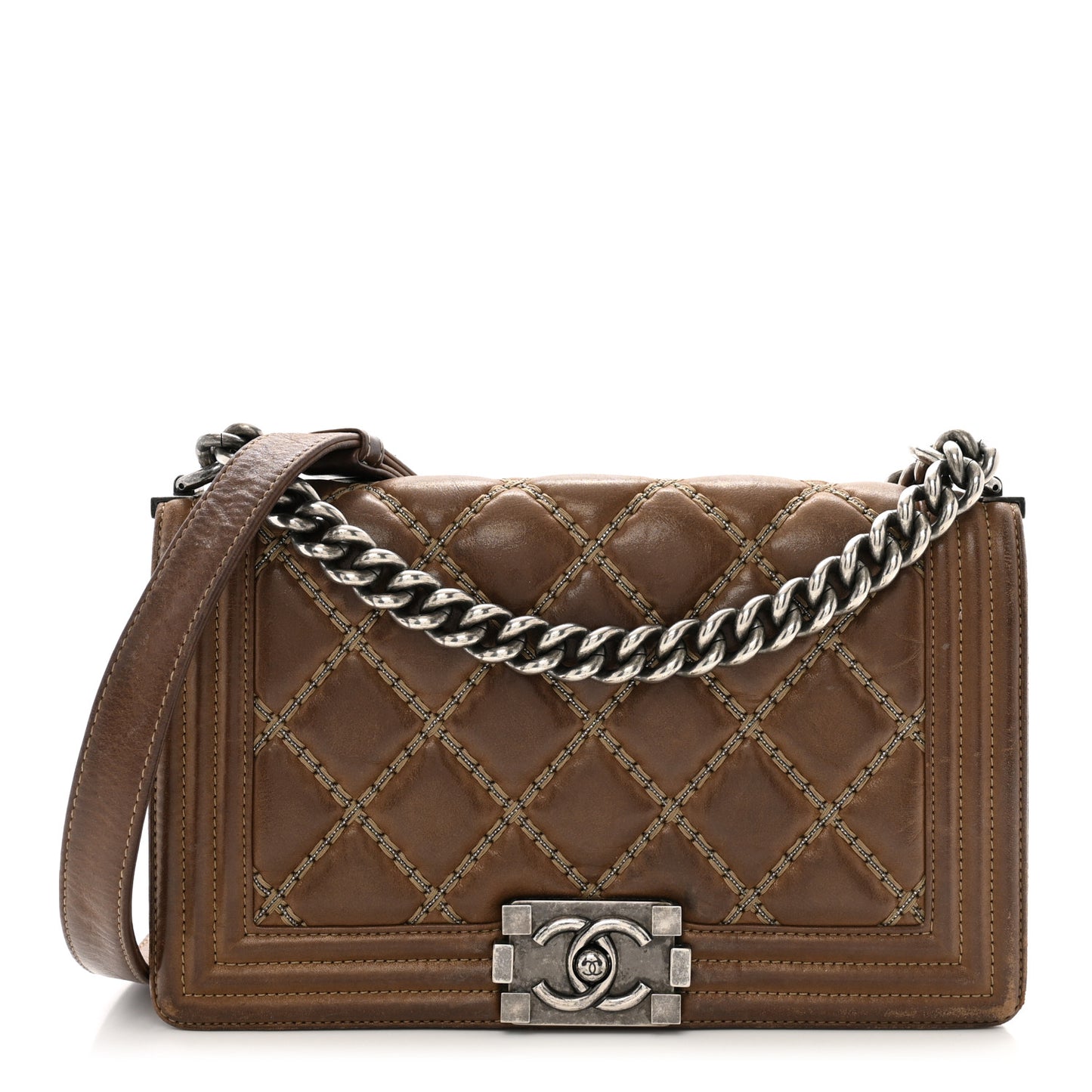 Iridescent Calfskin Embellished Double Stitch Medium Boy Flap Light Brown