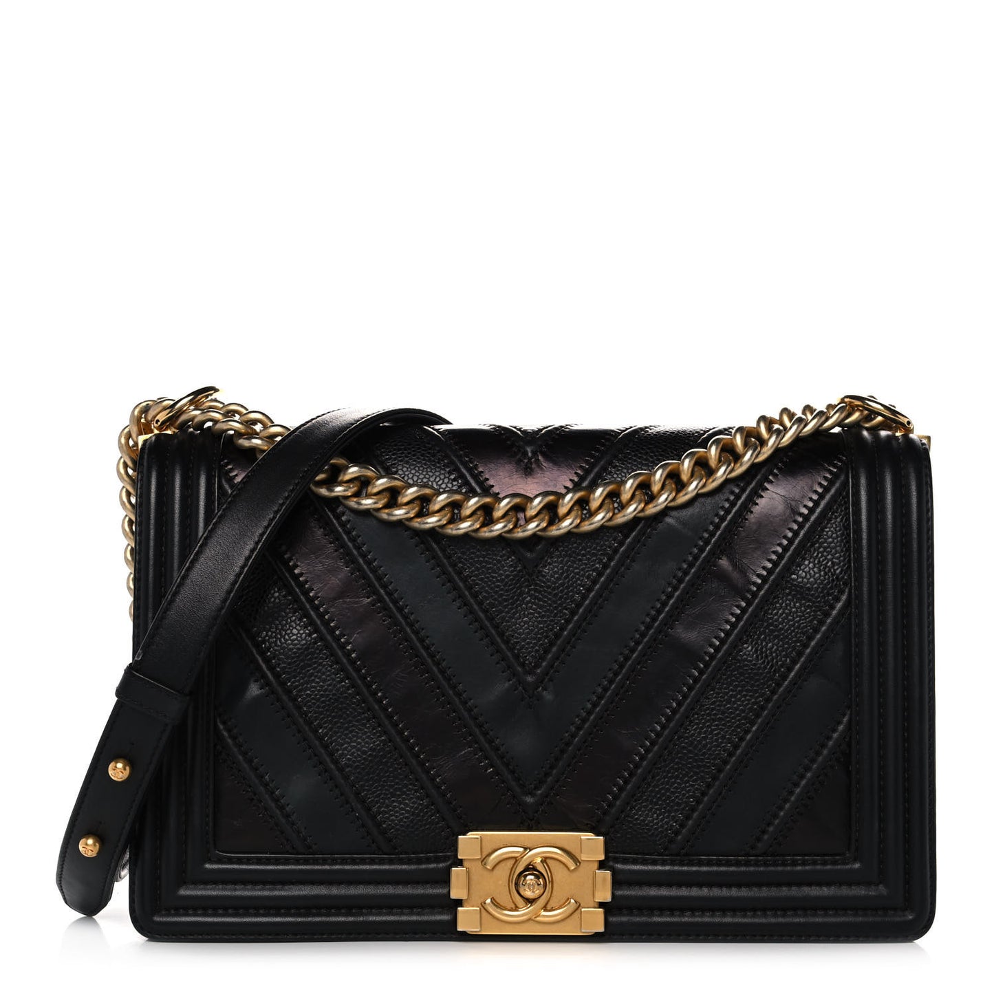 Calfskin Caviar Suede Chevron New Medium Boy Flap Black