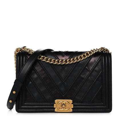 Chanel Calfskin Caviar Suede Chevron New Medium Boy Flap Black 1 of 17