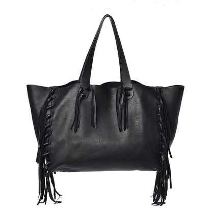 Valentino Garavani Grained Calfskin C-Rockee Fringe Tote Black 1 of 12