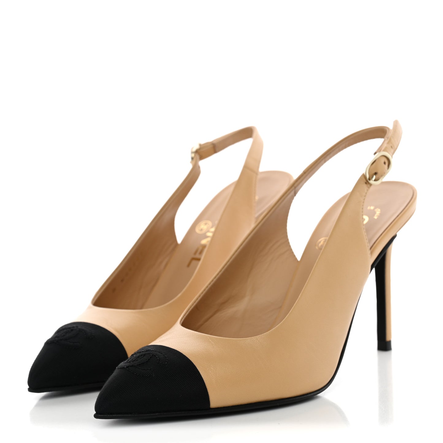 Goatskin Grosgrain Pointed Cap Toe CC Slingback Pumps 36 Beige Black