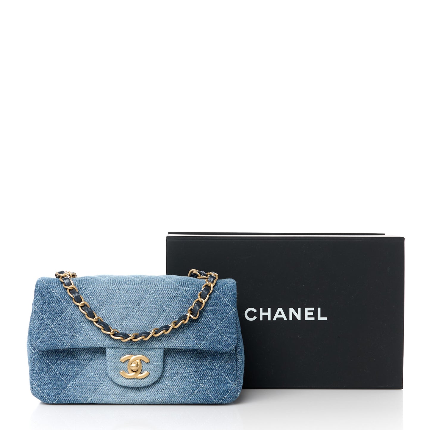 Washed Denim Quilted Mini Rectangular Flap Blue