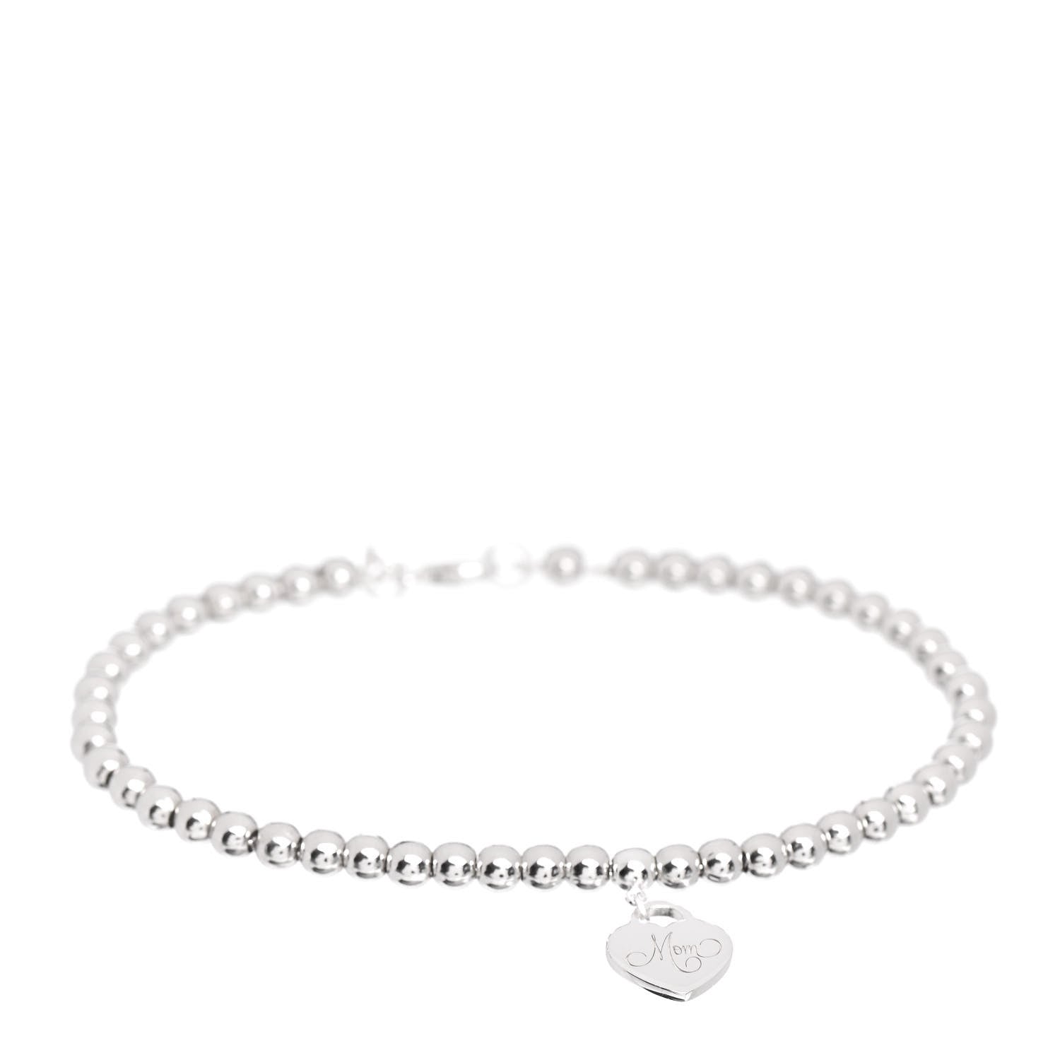 Tiffany Sterling Silver 4mm Mom Heart Tag Bead Bracelet 1 of 5