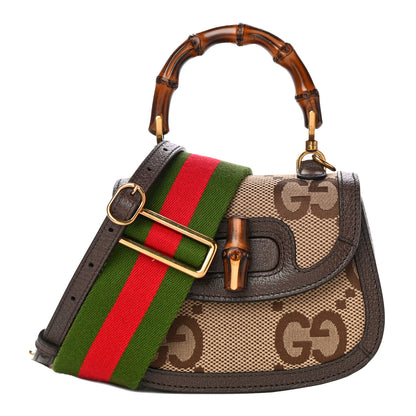 Gucci Monogram Jumbo GG Textured Dollar Calfskin Web Mini Bamboo 1947 Top Handle Bag Camel Ebony New Acero 1 of 11