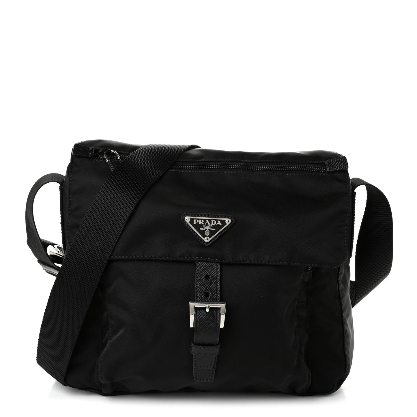 Nylon Vela Saffiano Single Buckle Messenger Shoulder Bag Black