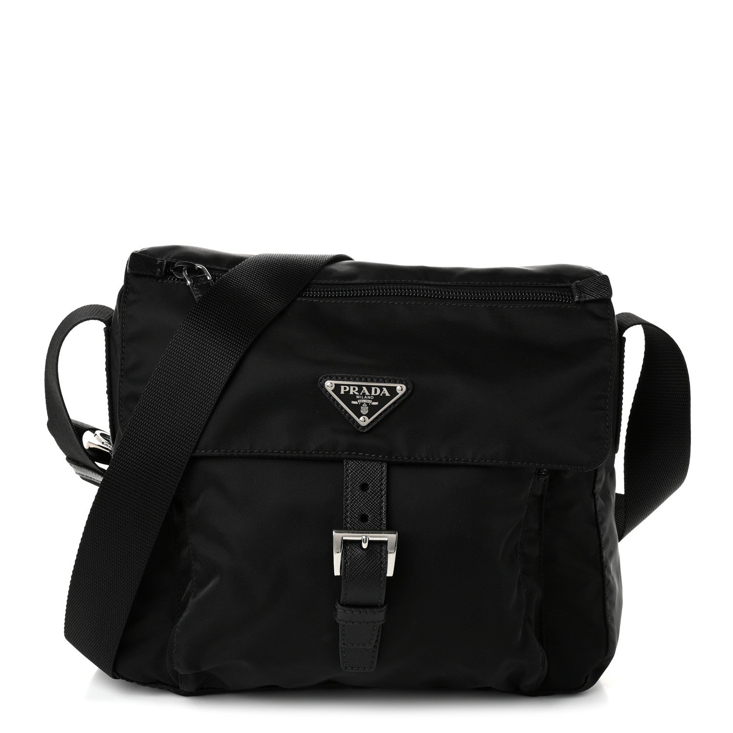 Prada Nylon Vela Saffiano Single Buckle Messenger Shoulder Bag Black 1 of 10