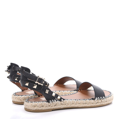 Valentino Garavani Grained Calfskin Rockstud Ankle Strap Espadrille Flat Sandals 39 Black 4 of 8