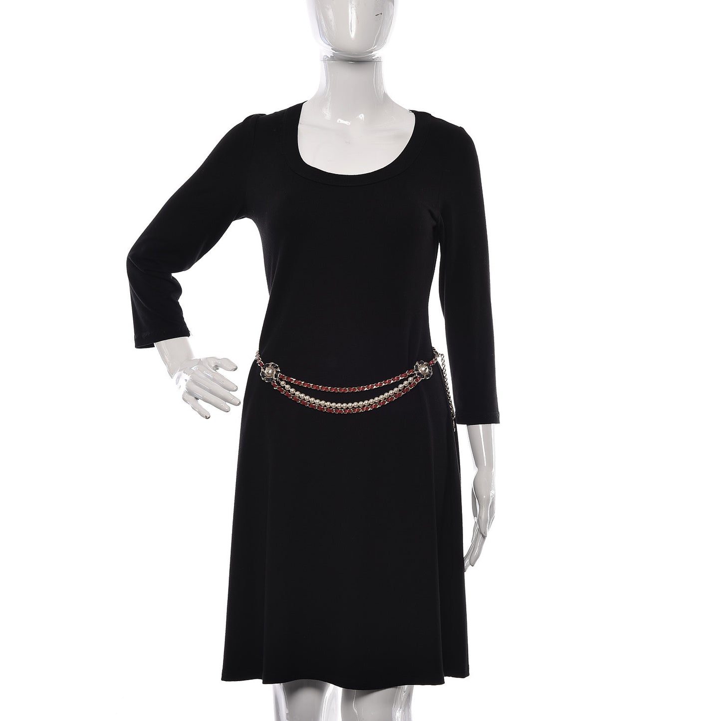 Lambskin Pearl Chain Camellia Fancy Belt 80 Black Red Gold