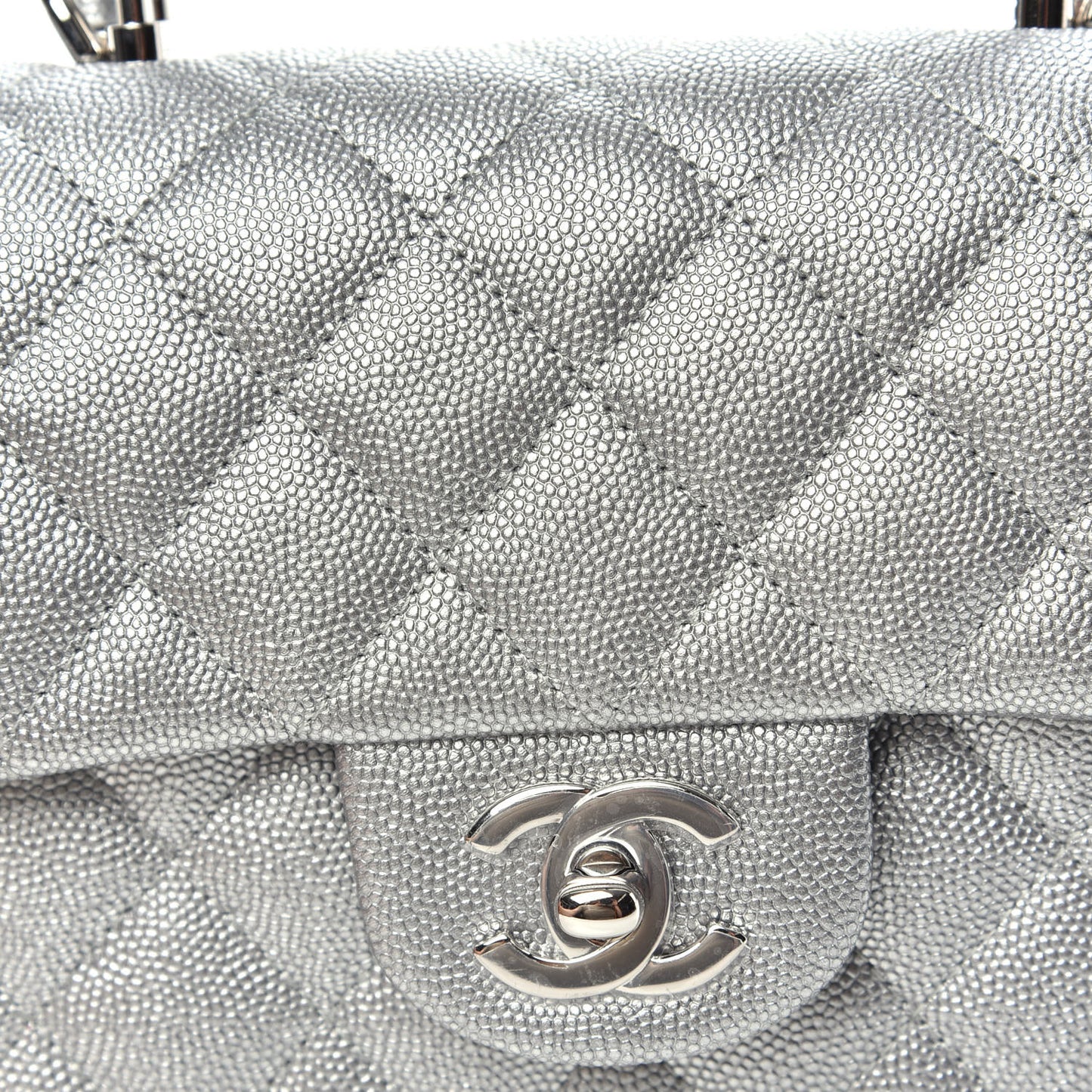 Metallic Caviar Quilted Mini Top Handle Rectangular Flap Silver