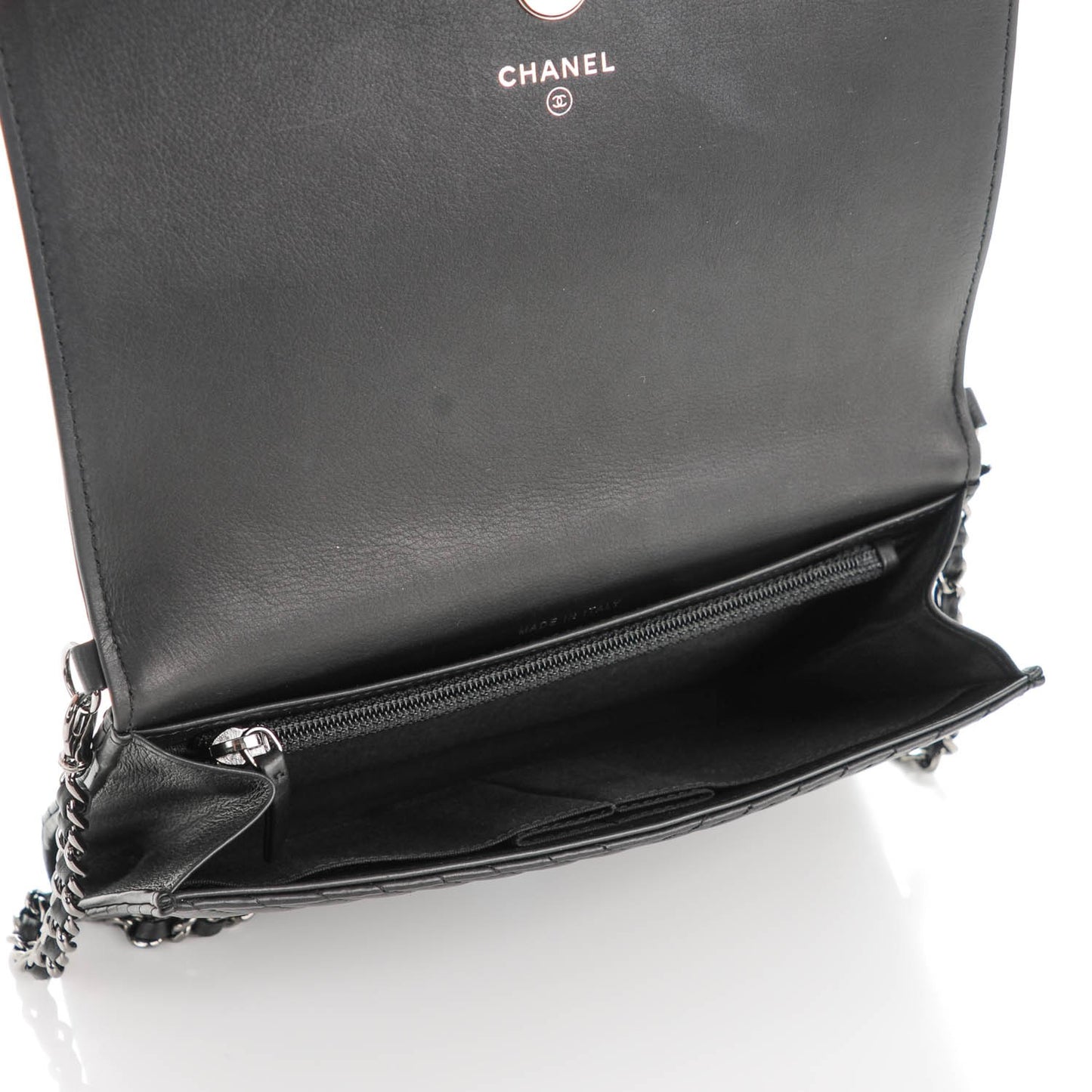 Calfskin Chevron Quilted Boy Wallet On Removable Chain WOC Black