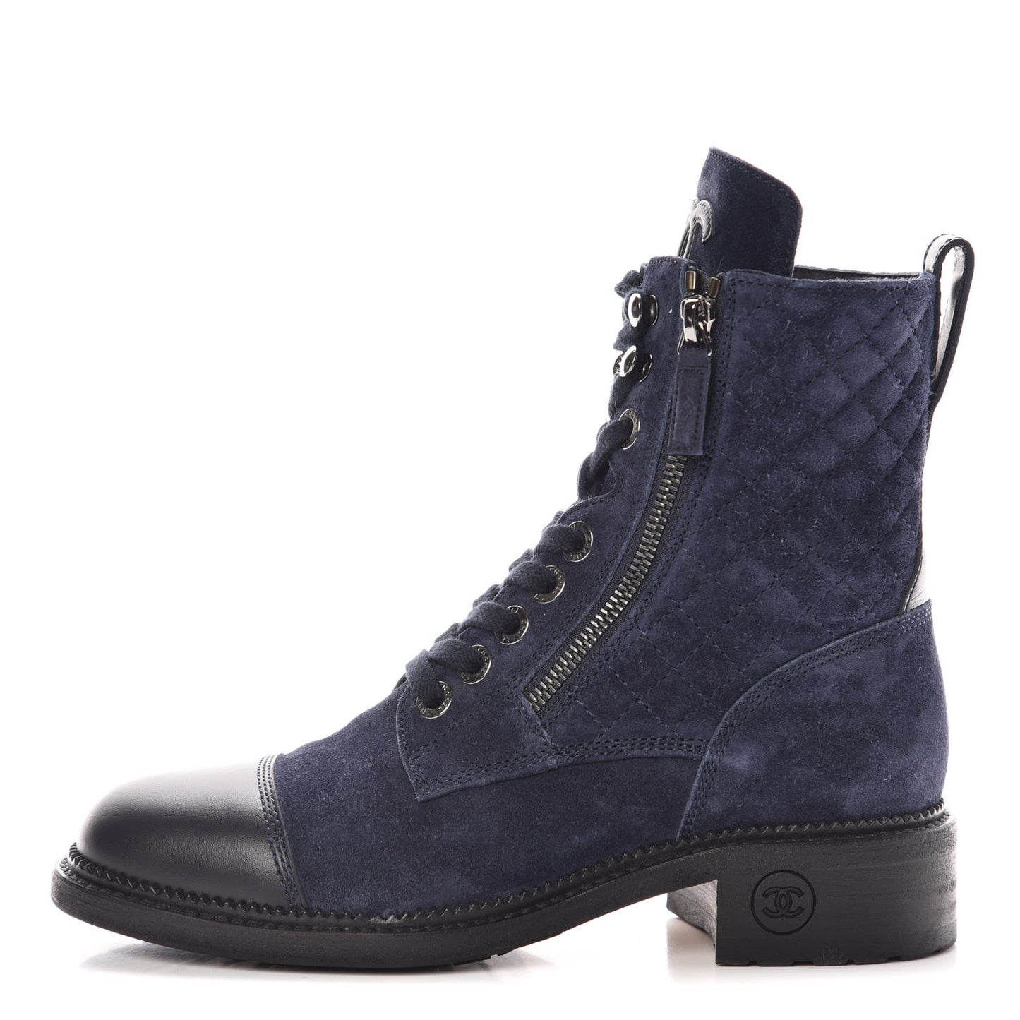 Suede Calfskin Quilted Lace Up Boots 37.5 Navy