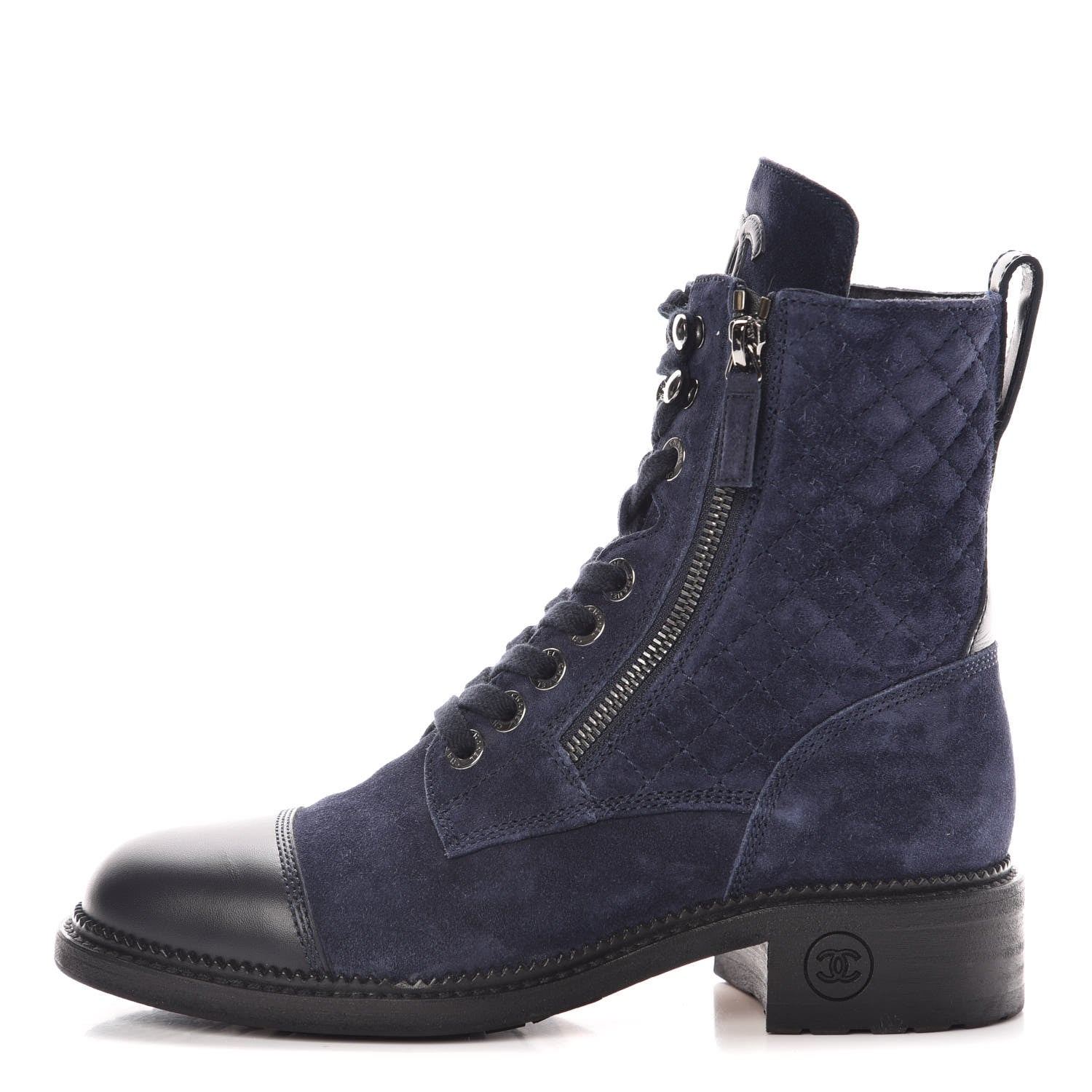 Chanel Suede Calfskin Quilted Lace Up Boots 37.5 Navy 1 of 9