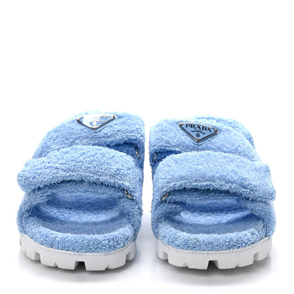 Prada Terry Cloth Metal Triangle Logo Double Strap Slingback Lug Sole 20mm Sandals 41 Celeste 2 of 9