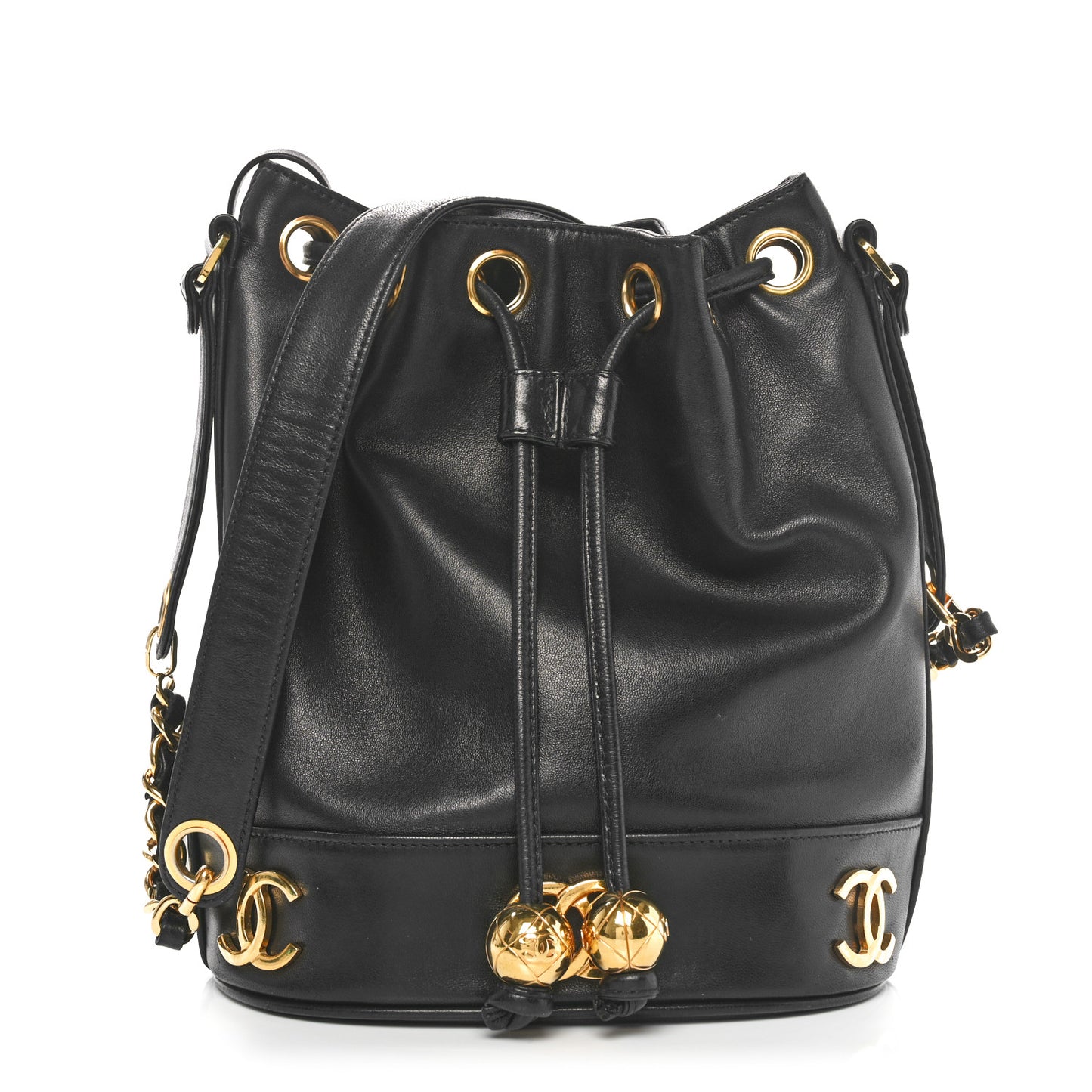 Lambskin CC Drawstring Shoulder Bag Black
