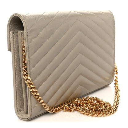 Saint Laurent Grain De Poudre Matelasse Chevron Monogram Chain Wallet Sea Salt 3 of 9