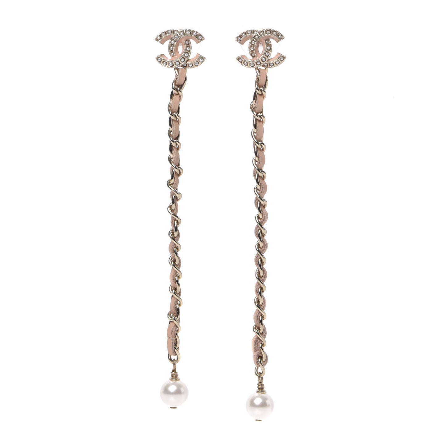 Lambskin Chain Crystal Pearl CC Drop Earrings Pink