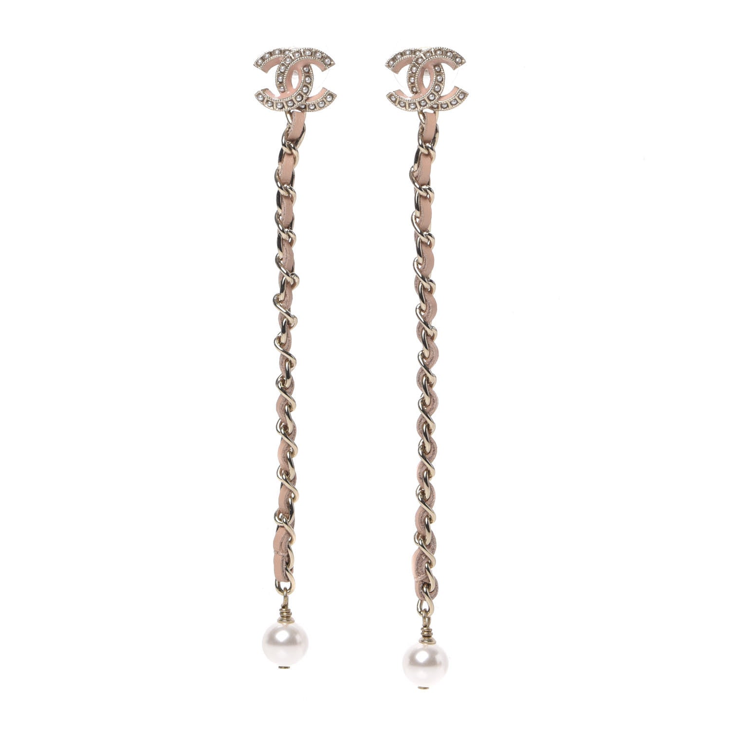 Chanel Lambskin Chain Crystal Pearl CC Drop Earrings Pink 1 of 5