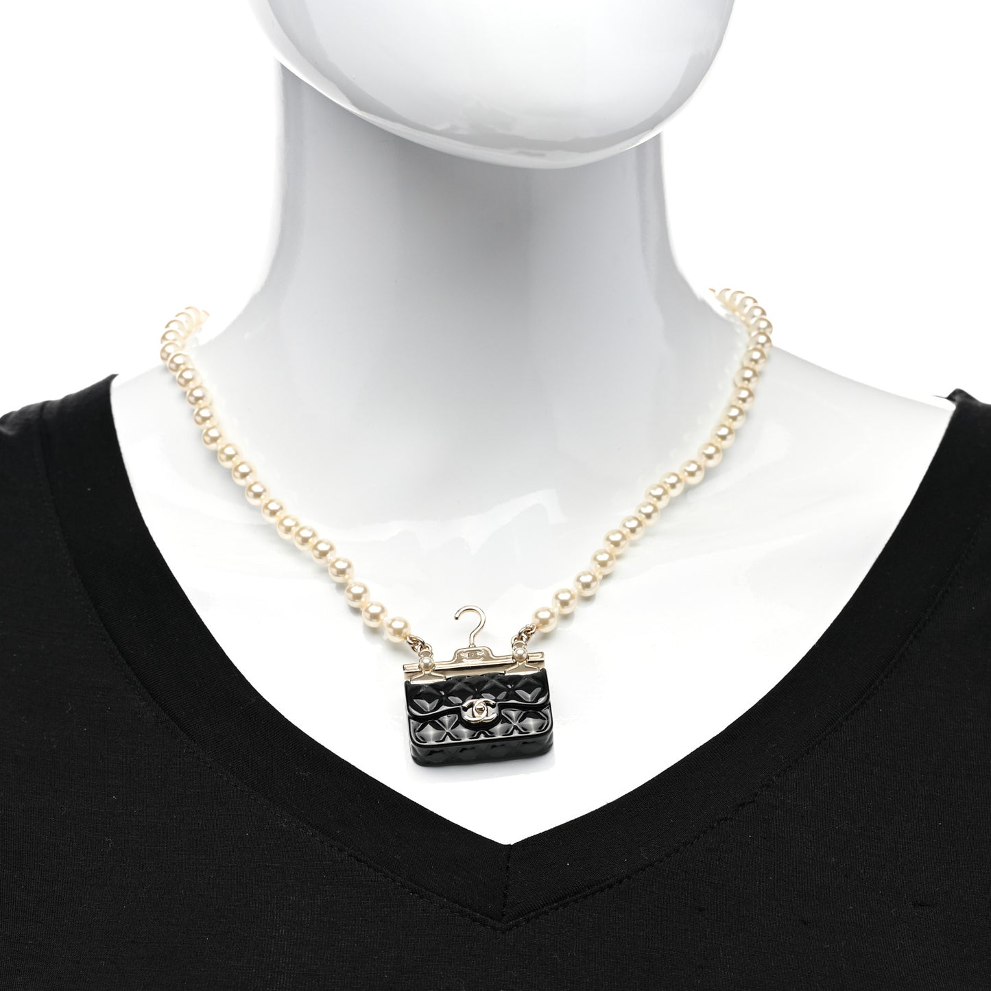 Pearl Metal Resin Quilted Flap Bag Necklace Gold Black Pearly White