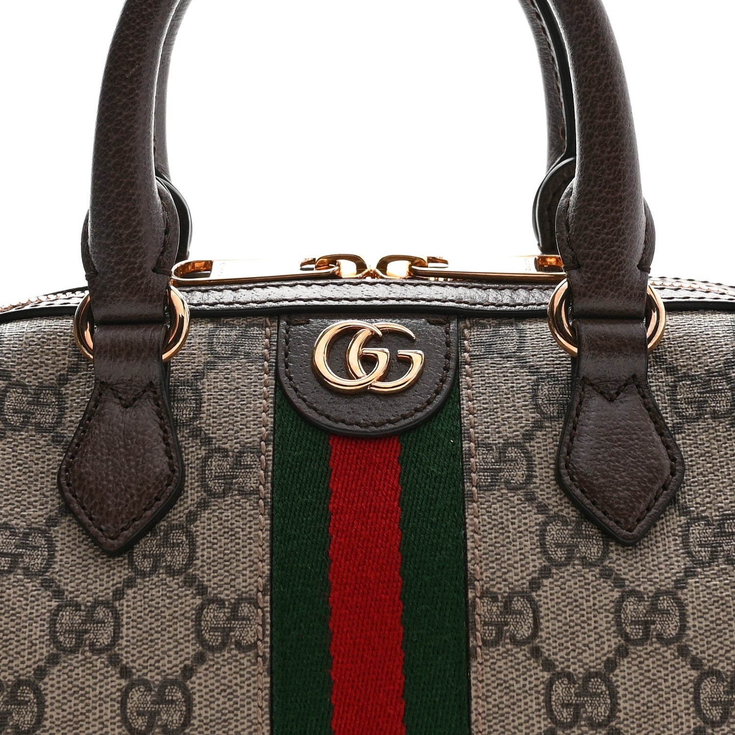 Gucci GG Supreme Monogram Textured Dollar Calfskin Web Mini Ophidia Top Handle Bag Beige Ebony New Acero 8 of 11